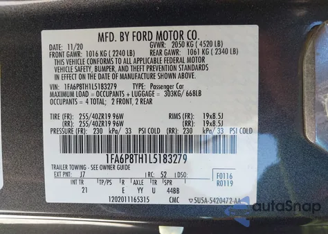 2020 Ford Mustang Ecoboost Fastback from USA, damaged, VIN 1FA6P8TH1L5183279